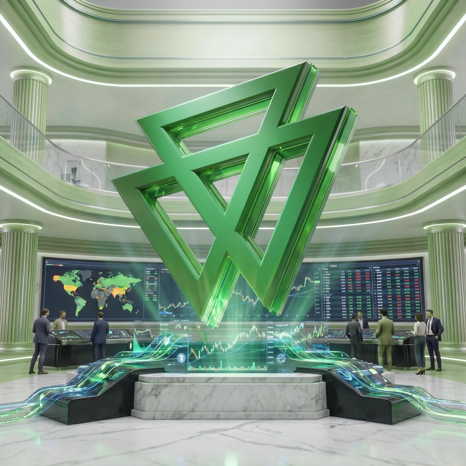Hub de trading da CXM — logo verde da CXM se destacando acima do mercado